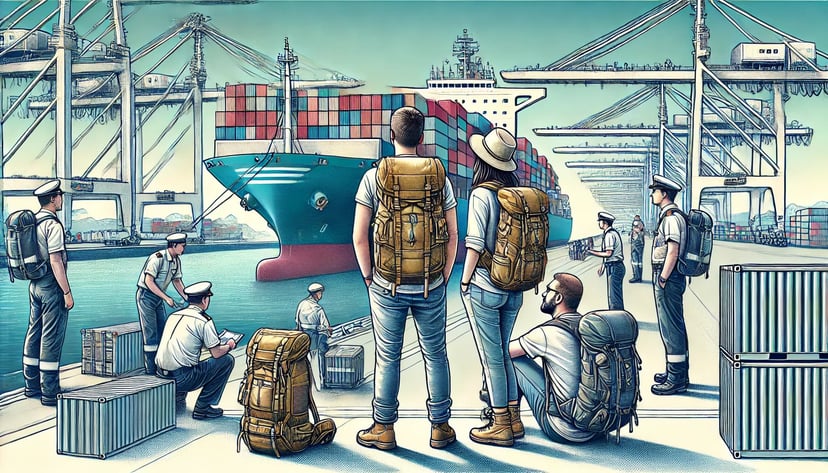 Two backpackers standing on a dock looking at a container ship and surrounded by seafarers