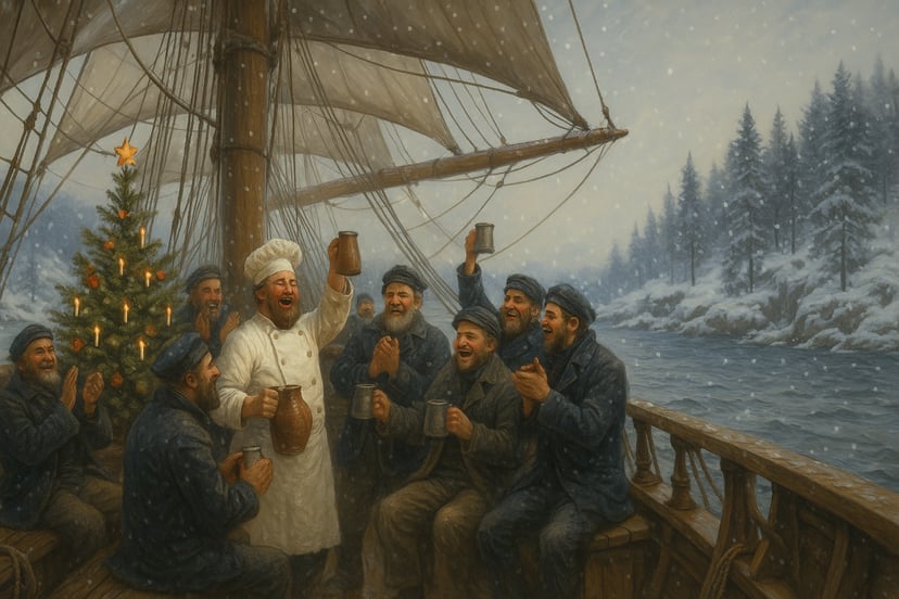 the crew and the ship's cook cheersing with tankards on the deck of a sailing ship at Christmas