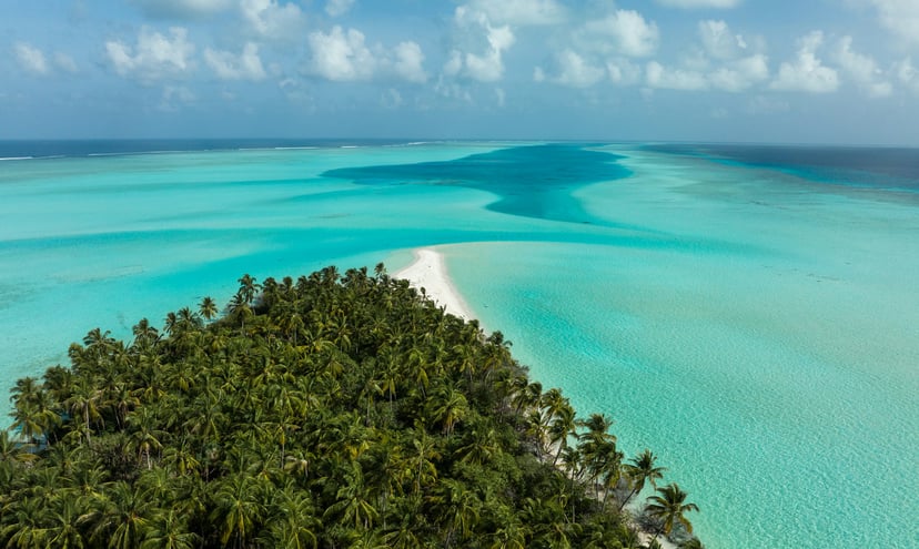 Palm trees on an atoll and a turquoise ocean
