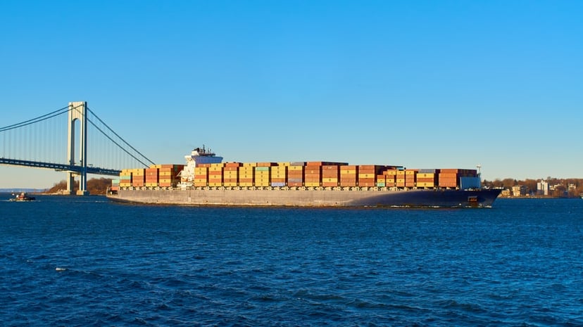 a container ship passing under a suspension bridge