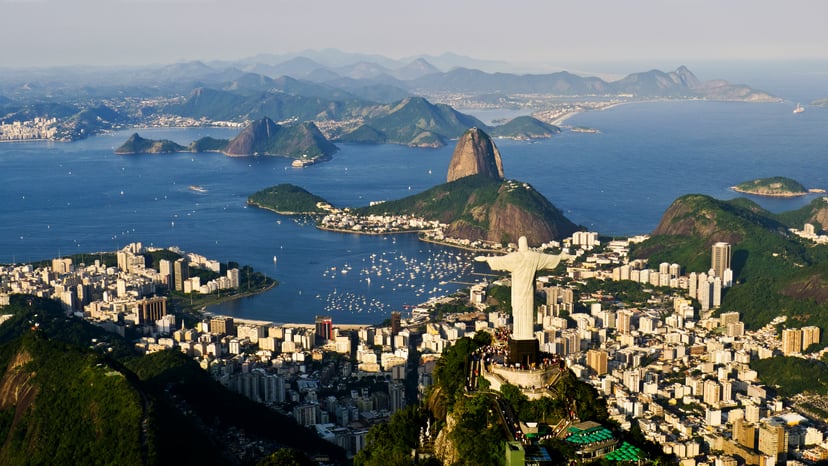 View across Rio de Janeiro's coastline including the Christ the Redeemer statue