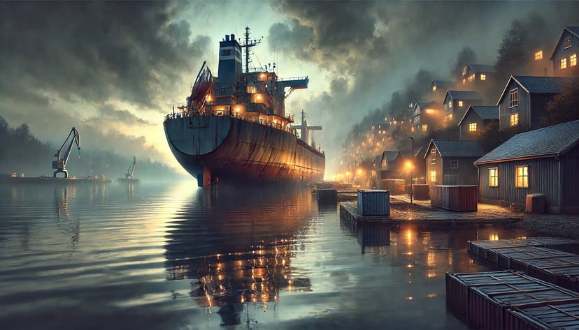 a damaged cargo ship seeking refuge in a quiet port under a stormy evening sky