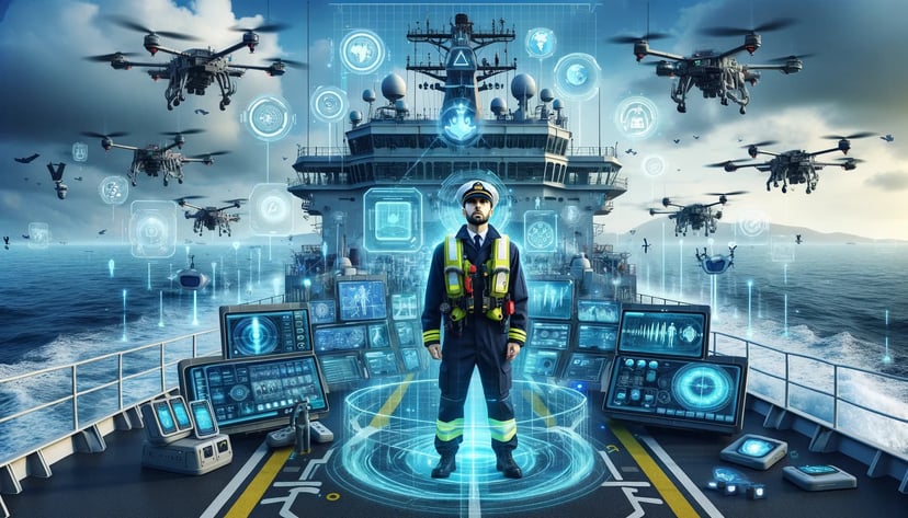 a seafarer on the deck of a ship surrounded by modern tech and drones