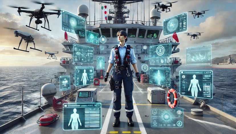 a woman working in a seafarer job on a ship's deck surrounded by screens and drones