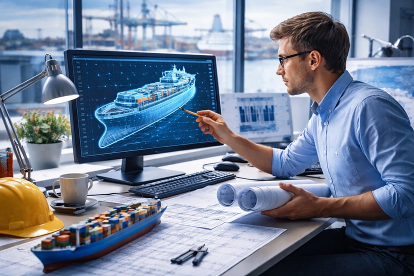 A man sitting at a desk looking at a CAD image of a container ship on the screen