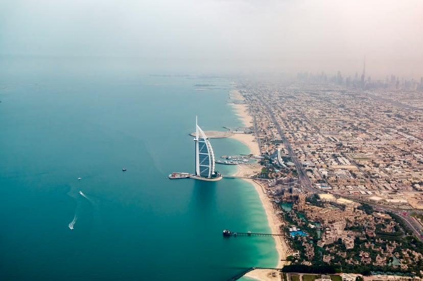 Dubai's coastline and the Burj al Arab as seen from the air