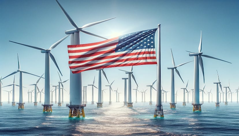 The Stars and Stripes flying in front of an offshore windfarm
