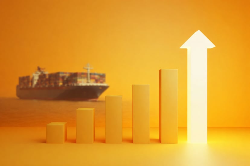 Yellow blocks and an arrow showing an upward trajectory with a cargo ship in the background
