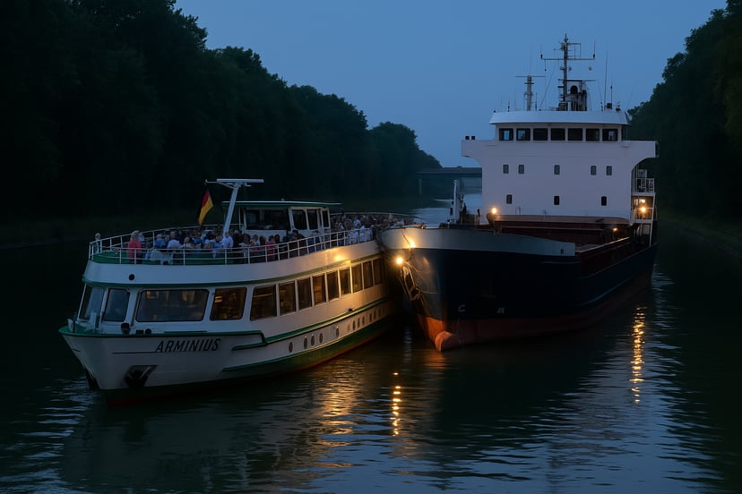 A passenger ship and cargo ship colliding in a canal at night 