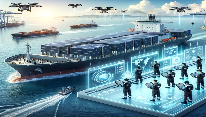 a modern container ship and seafarers using laptops to conduct operations
