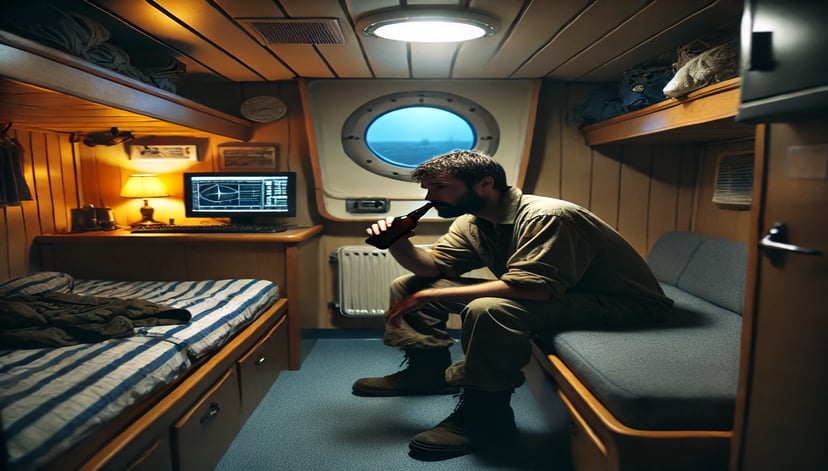 a seafarer in his cabin drinking a bottle of beer