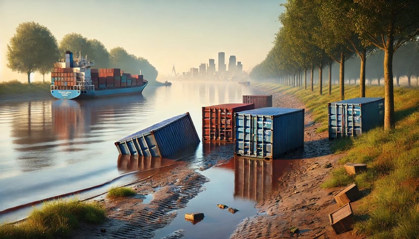 Containers washed up on the Scheur river just outside Rotterdam