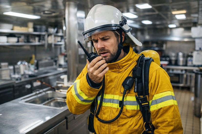 a crew member in firefighting gear in the ship's galley talking into his radio and looking worried