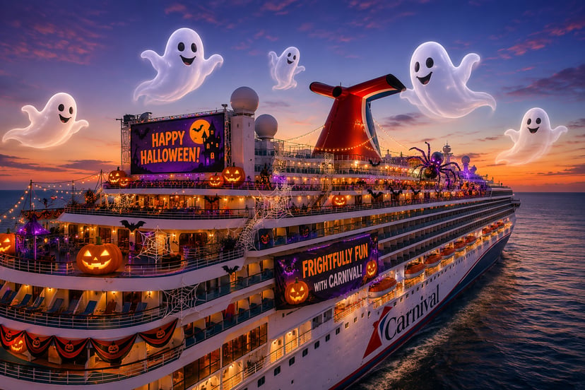 A carnival cruise ship decorated for Halloween sailing at sunset with friendly ghosts floating above it