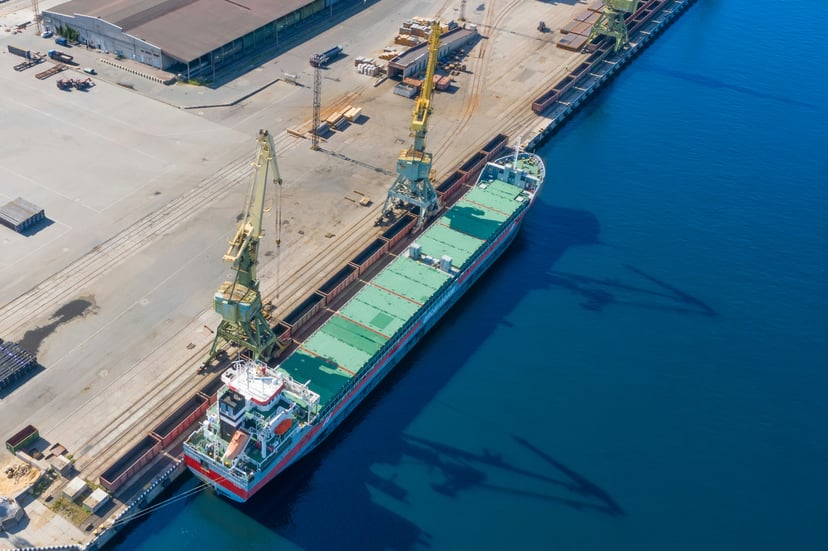 an aerial view of a bulk carrier in port