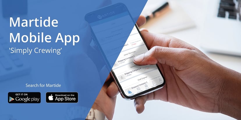 A Martide maritime jobs site advert showing smartphone with seafarer jobs on the screen