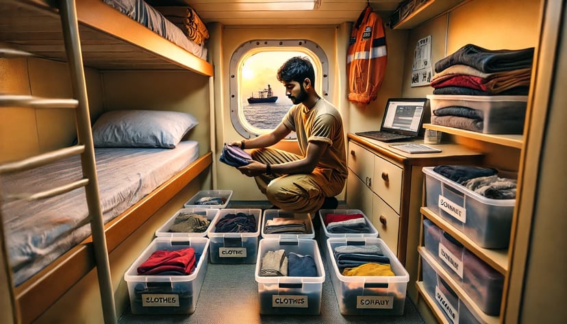 A man working in a maritime job at sea sorting his clothing into storage boxes in his cabin