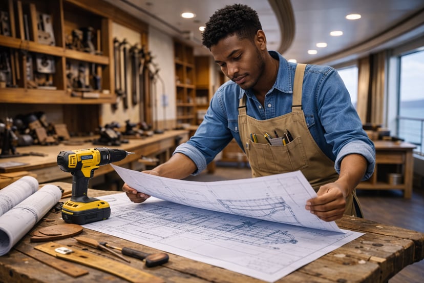a man working in a ship carpenter job looking at blueprints