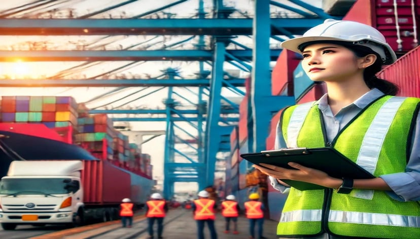 a woman working in a port, holding a clipboard and standing on the dock