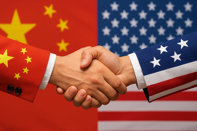 Two hands shaking in front of the Chinese and USA flags 