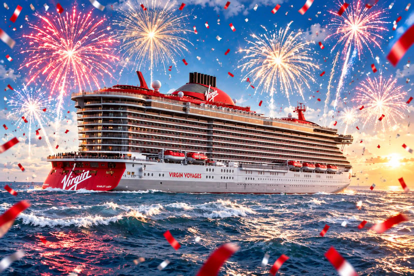 A Virgin Voyages cruise ship with confetti and fireworks in the background