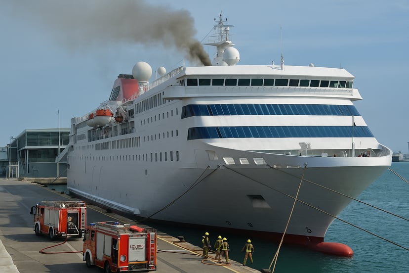 Smoke billowing out of the ferry Ciudad de Sóller in Valencia Port