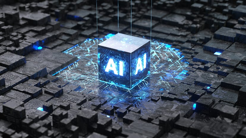 A neon lit cube with the letters AI on it
