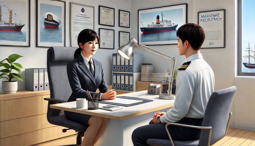 a smartly dressed woman with a tidy desk interviewing a young officer for a maritime job