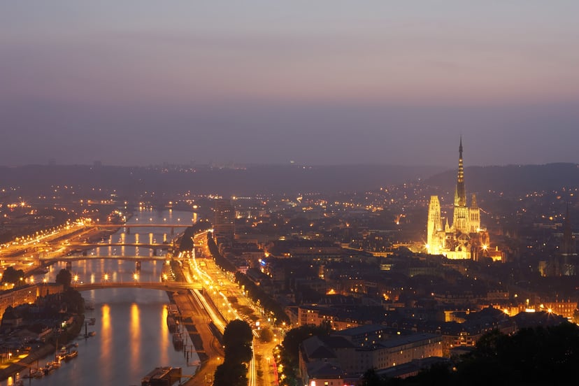 The French port city of Rouen lit up at night