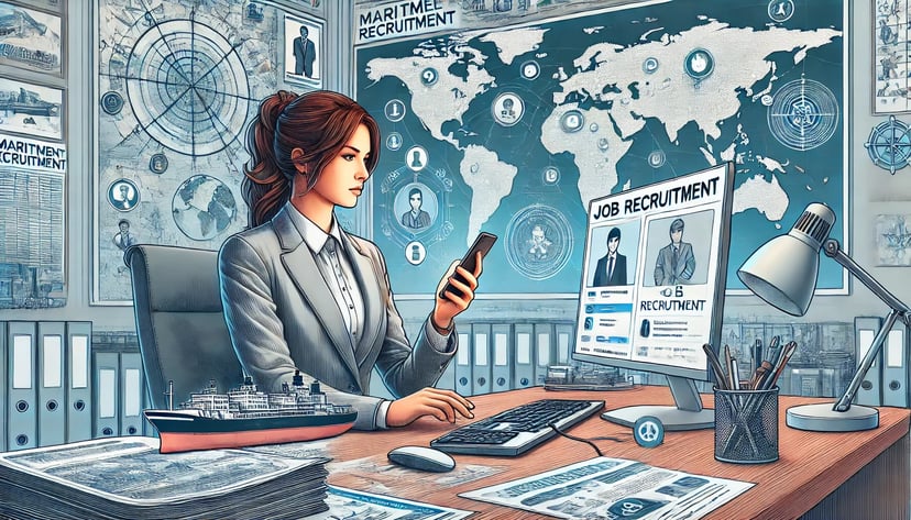 woman working in maritime recruitment looking at phone 