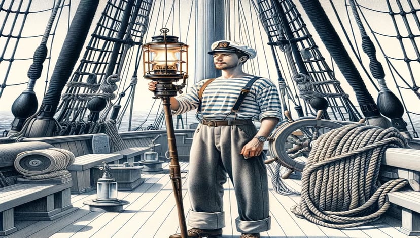 A sailor on a sailing ship holding a signal lamp