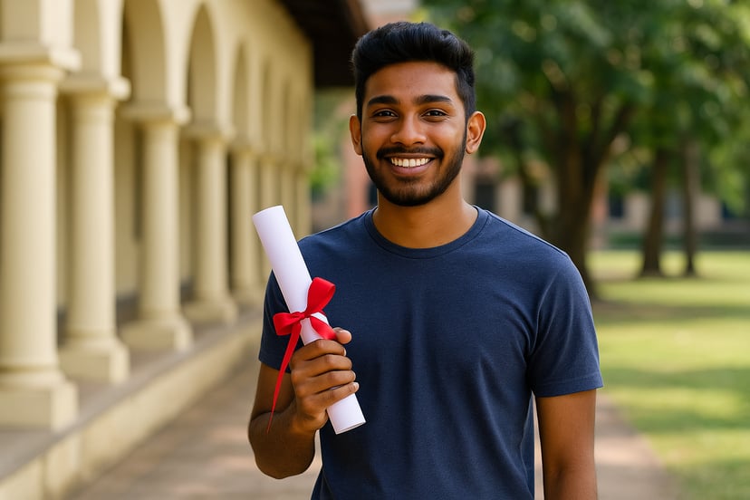 a smiling young man holding a diploma outside a college building