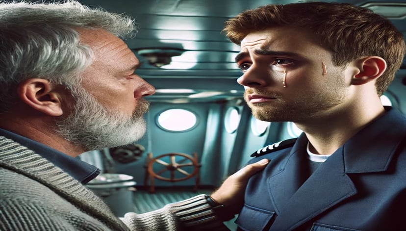 an older seafarer comforting a ship's officer who is crying