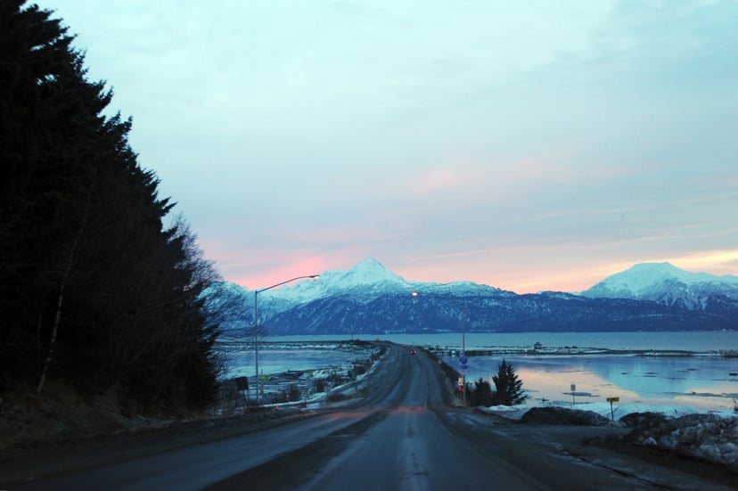 The Homer Spit Road, Homer, Alaska at sundown