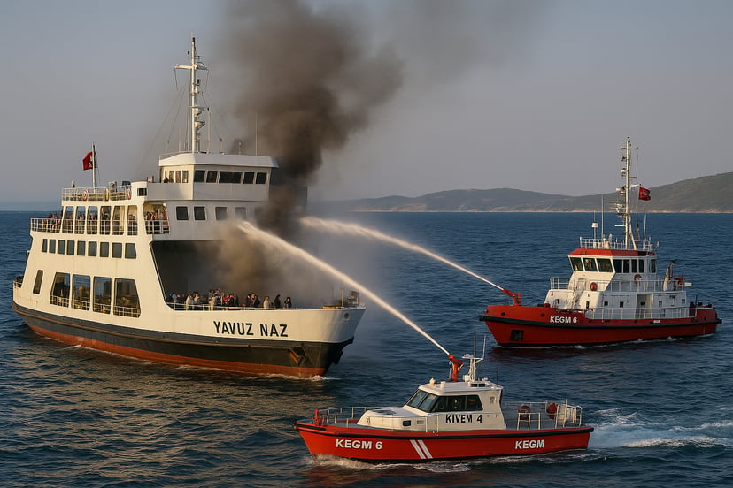 The Yavuz Naz ferry fire being extinguished by support vessels