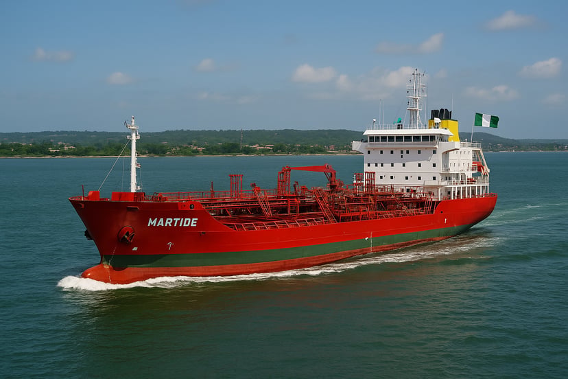 A chemical tanker sailing past the coast of Africa and flying the flag of Nigeria