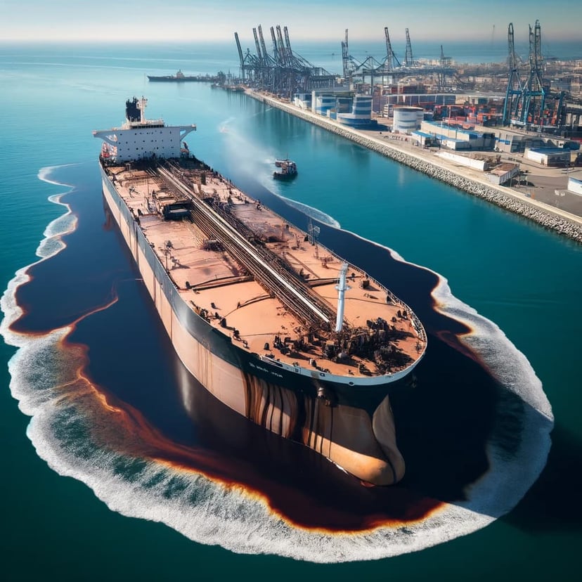 AI generated image of a tanker leaking oil into the waters of a port