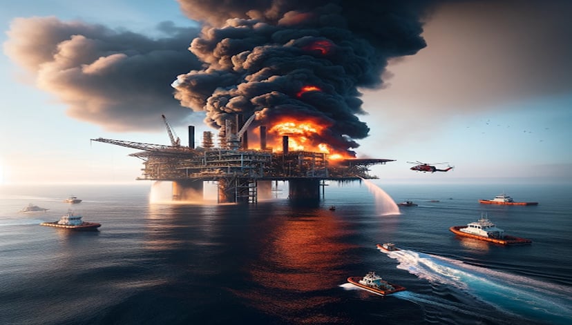 An offshore oil rig on fire