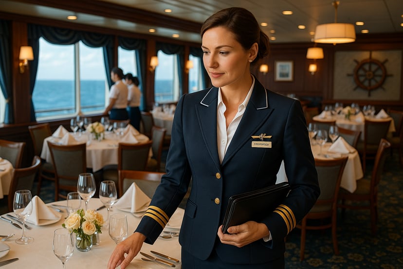 a woman working in a Chief Stewardess job in the restaurant of a cruise ship