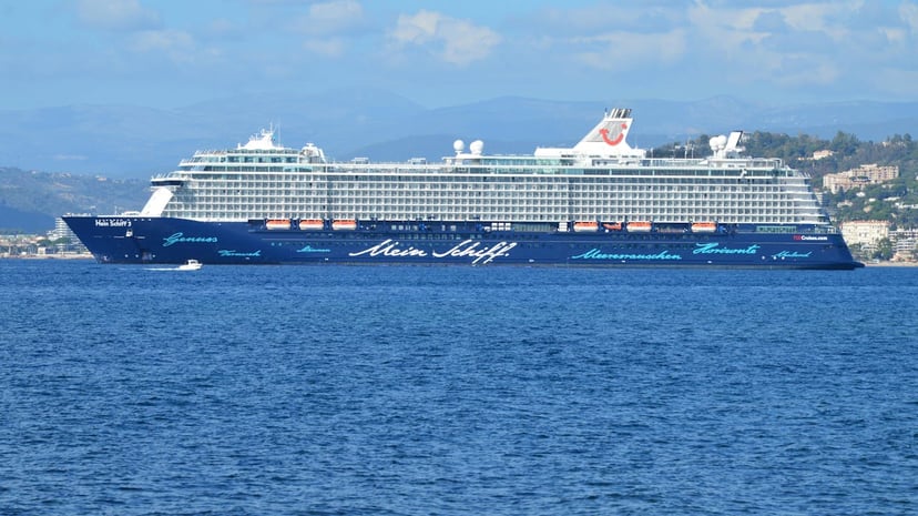 The Mein Schiff 3 cruise ship sailing near land