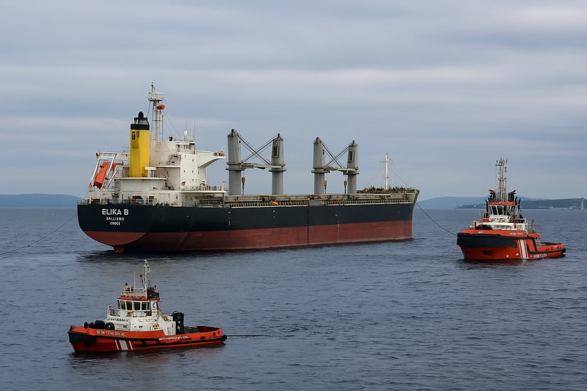 The Elina B bulk carrier and two assisting tug boats