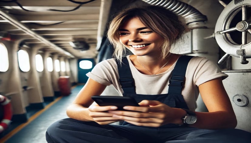 smiling female seafarer looking at her phone while working on a cargo ship