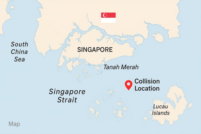 A map of Singapore and the Singapore Strait showing where the collision occurred