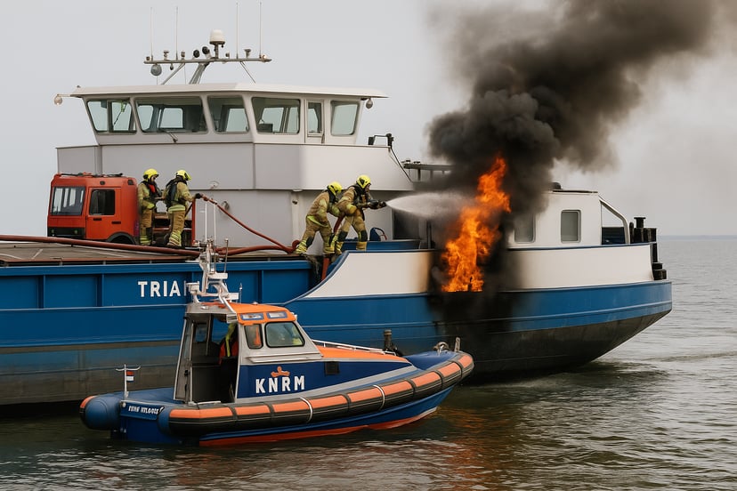 The inland barge, Triangle, on fire with the blaze being tackled by firefighters