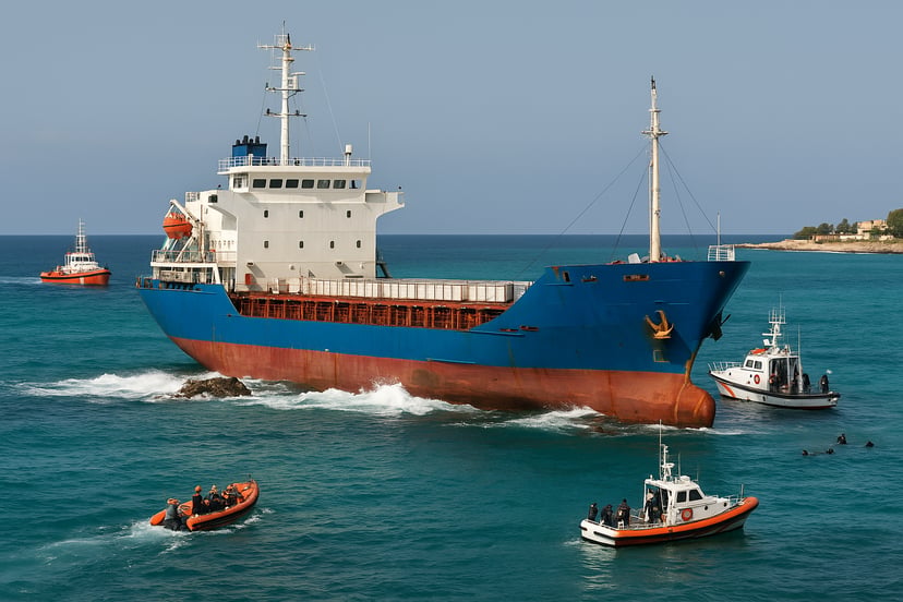 A cargo ship run aground and surrounded by small rescue boats