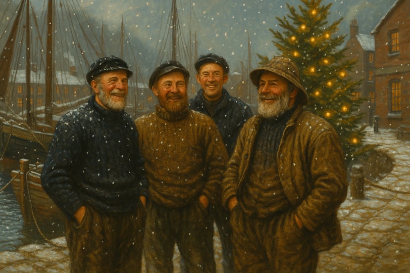 smiling fishermen standing in a harbor with a Christmas tree in the background while snow falls
