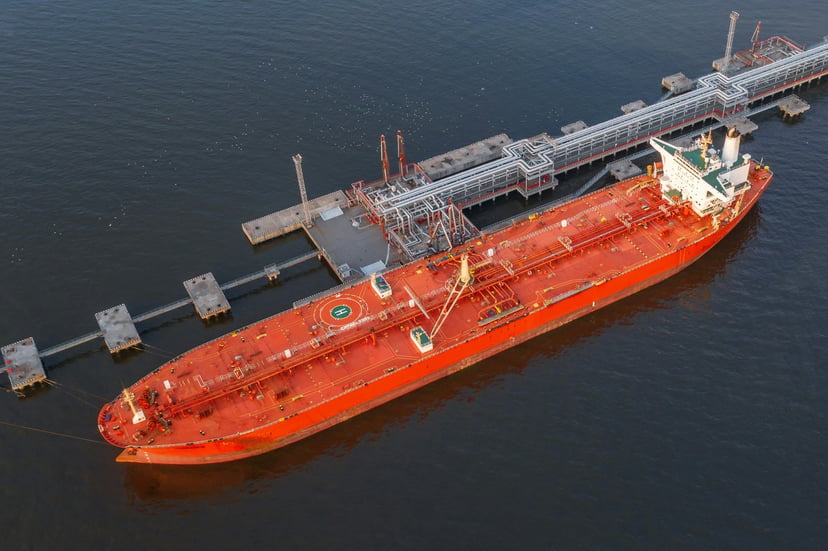 a chemical tanker being loaded or unloaded, as seen from above