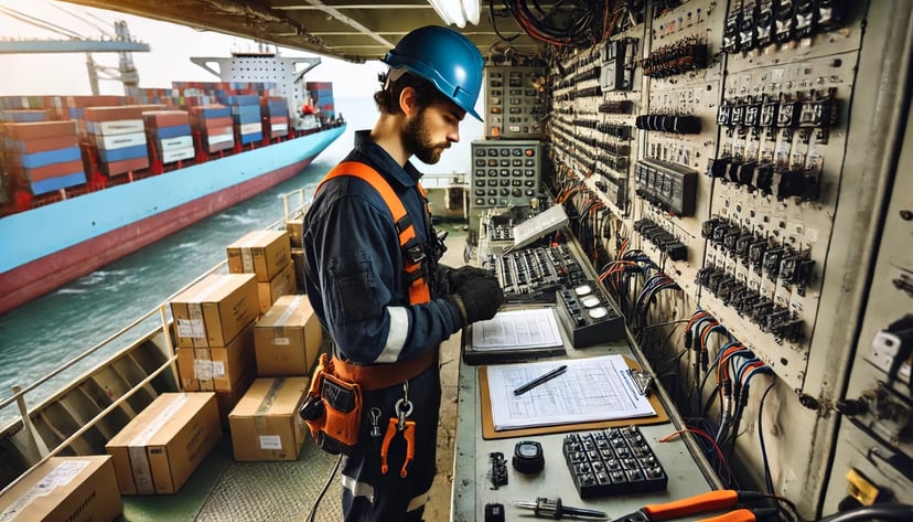 a man checking electrical systems onboard a commercial vessel