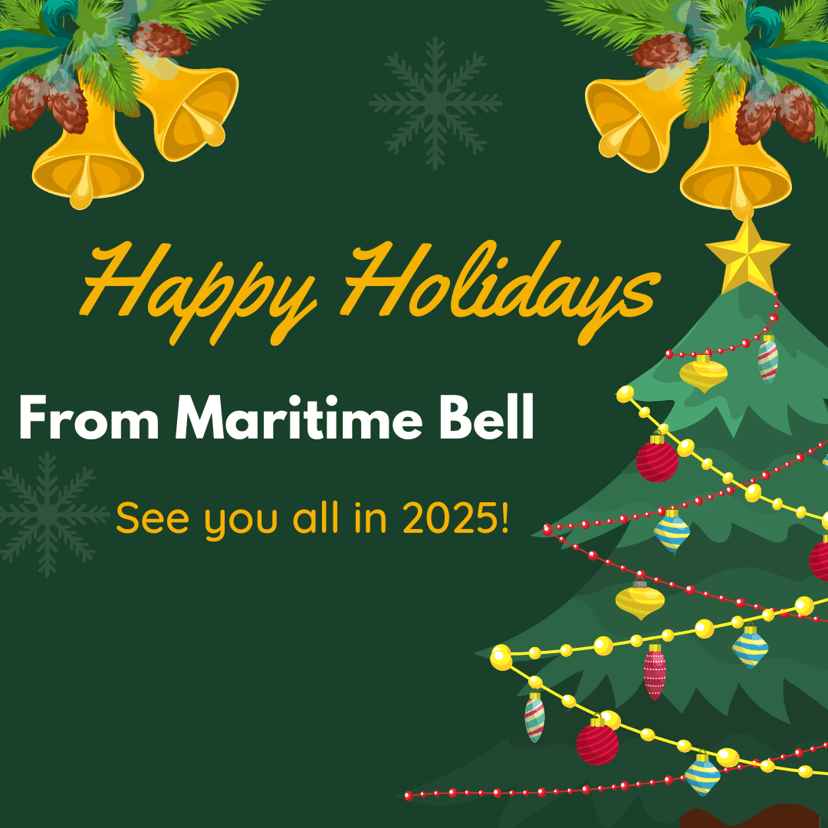 Christmas tree and bells and holiday greetings from Maritime Bell