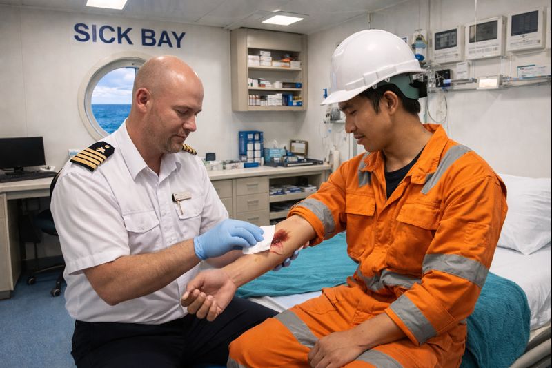 a ship's Medical Officer treating a cut on a fellow seafarer's arm in the sick bay